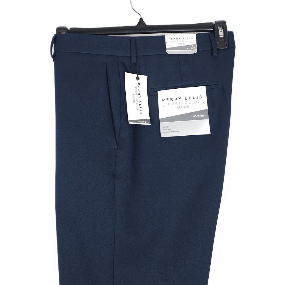 Perry Ellis Mens Modern Fit Dress Pants 36x32 Navy Blue Solid Stretch Twill NWT